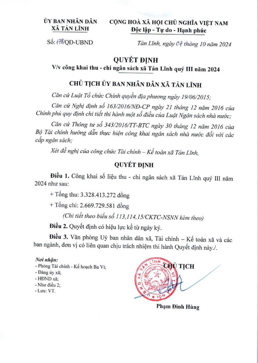 Quyết định công khai thu - chi ngân sách xã Tản Lĩnh quý III năm 2024